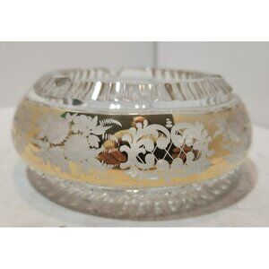 Vintage Crystal Cut Glass Etched Floral Gold Accents Ashtray Heavy Ornate